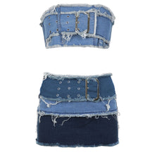 Load image into Gallery viewer, Snatched Mini Skirt, Strapless Crop Top  Jean 2 Piece Set IAMQUEEN FASHION
