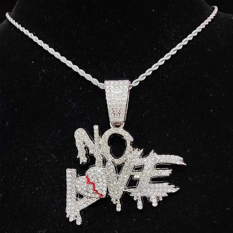 Cuban Chains NO LOVE Necklace Pendants for Men and Women Heart Broke Statement Necklaces Jewelry Iced Out Bling Chain IAMQUEEN FASHION