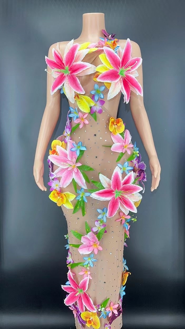 Island Girl!!! Sparkly Rhinestones Nude Mesh Transparent Flowers long Dress IAMQUEEN FASHION